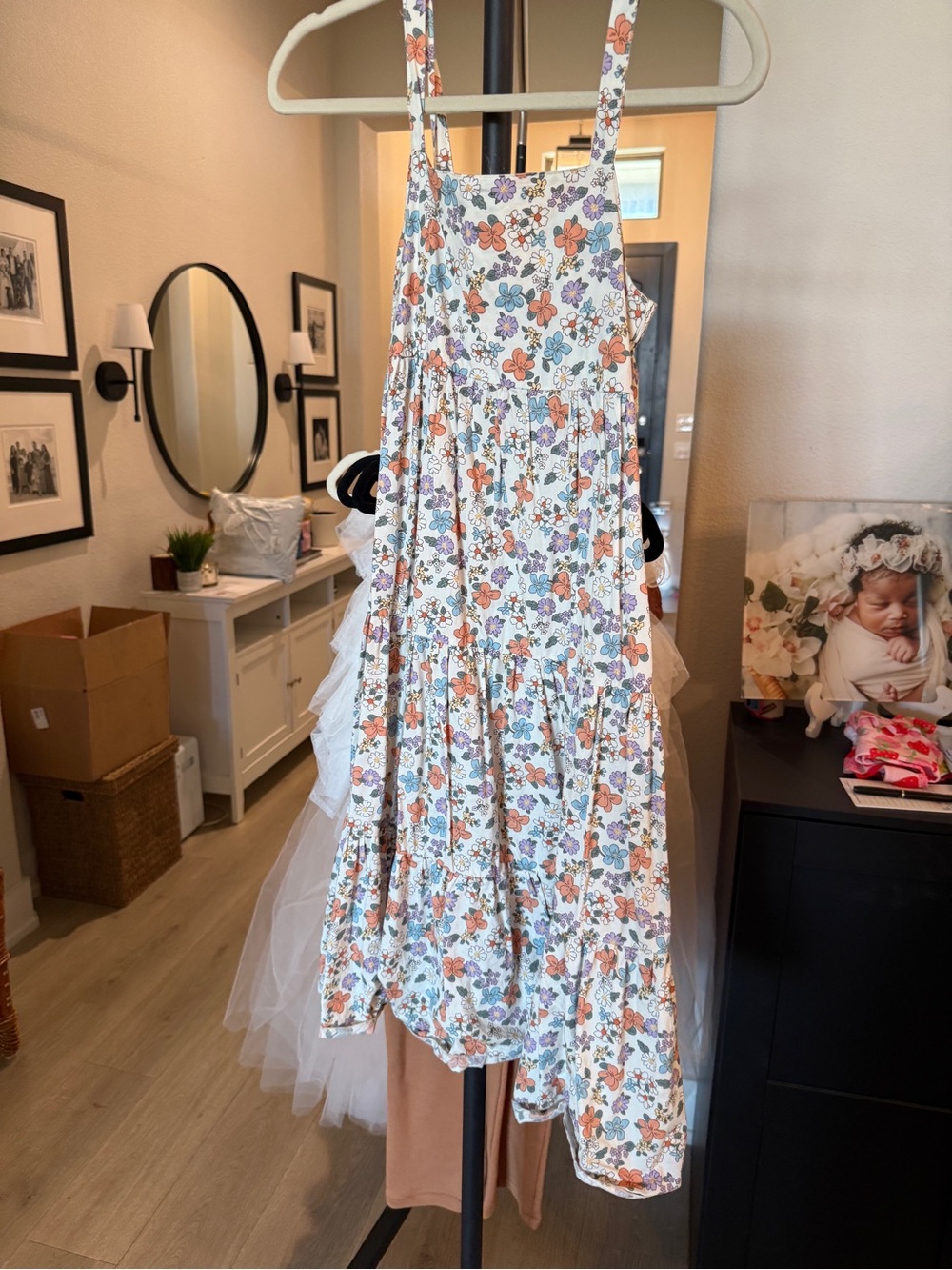 Girls' Floral Tiered Sundress in White with Orange & Blue Flowers